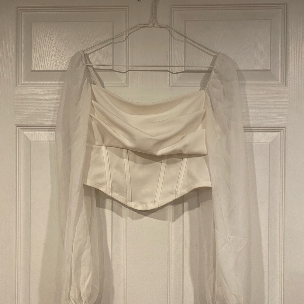 Elegant Cream Off-Shoulder Top with Sheer Sleeves